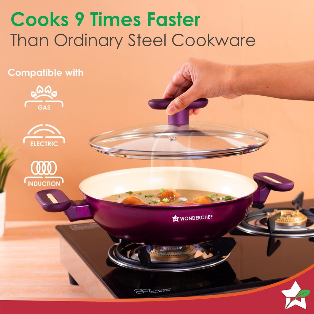 Kadhai with Lid WONDERCHEF Bellagio Healthy Ceramic Non-stick