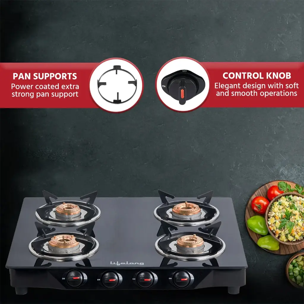 Gas Stove LIFELONG Glass Top - 4 Burner