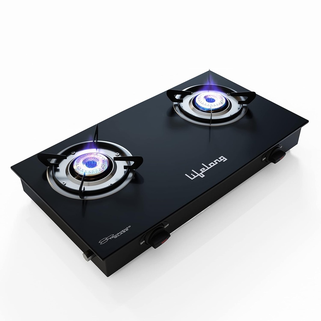 Gas Stove LIFELONG Glass Top Black - 2 Burner